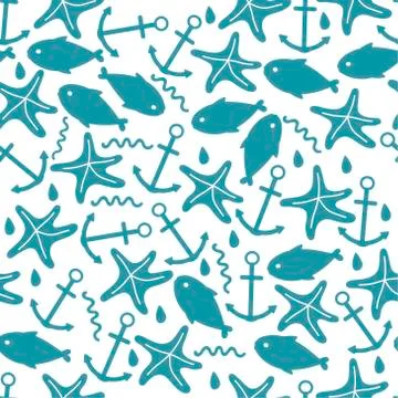 Vector seamless pattern with anchors, fish and starfish on white. Marine back Stock Illustration