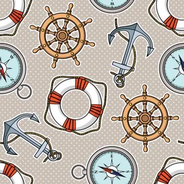 Vector seamless pattern with anchors, lifebuoies, ship's wheels, compasses Stock Illustration