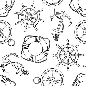 Vector seamless pattern with anchors, lifebuoies, ship's wheels, compasses Stock Illustration