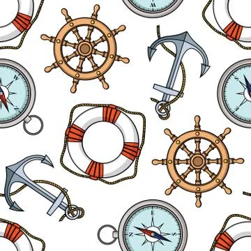 Vector seamless pattern with anchors, lifebuoies, ship's wheels, compasses Stock Illustration