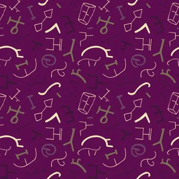 Vector seamless pattern with ancient elements on the violet background. Stock Illustration