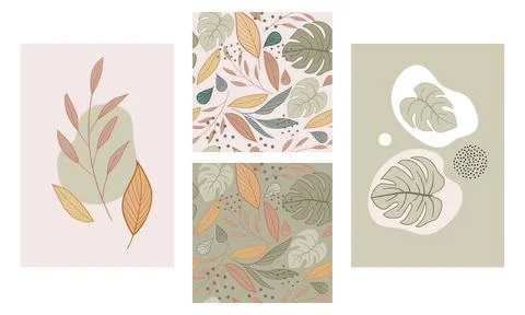 Vector seamless pattern and posters with abstract leaves and dots Stock Illustration
