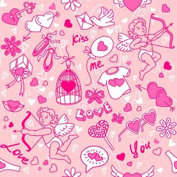 Vector seamless pattern with angels and hearts. Stock Illustration