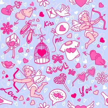 Vector seamless pattern with angels and hearts. Stock Illustration
