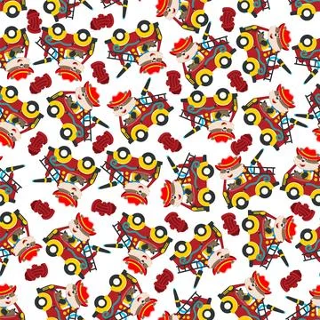 Vector of seamless pattern with animal fire fighter cartoon, Stock Illustration