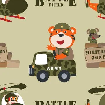 Vector seamless pattern with animal soldier driving military vehicle. Stock Illustration