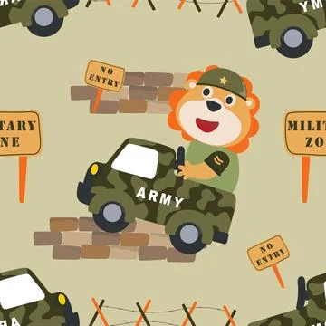 Vector seamless pattern with animal soldier driving military vehicle. Stock Illustration