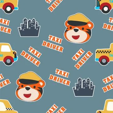 Vector seamless pattern with Animal taxi driver cartoon. Stock Illustration