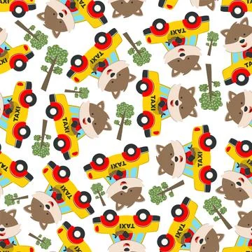Vector seamless pattern with Animal taxi driver cartoon. Stock Illustration