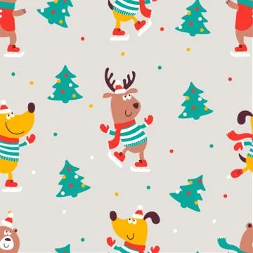Vector seamless pattern with animals bear, dog, deer, new year tree, color dots Stock Illustration
