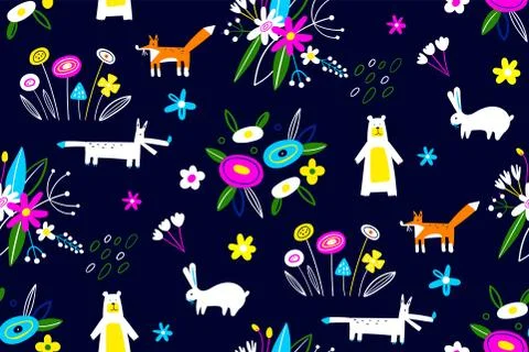Vector seamless pattern with animals, flowers and plants. Creative doodle art Stock-Illustration