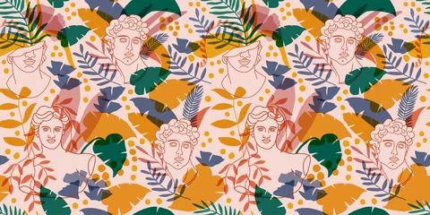 Vector seamless pattern with antique statues and tropical plants Stock Illustration