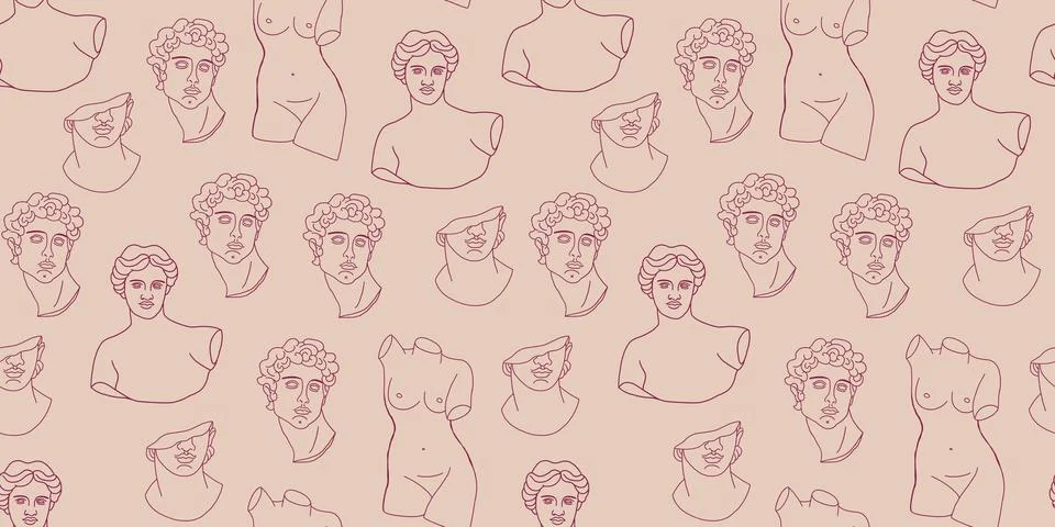 Vector seamless pattern with antique statues outlines. Museum statues background Stock Illustration