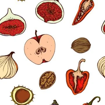 Vector seamless pattern of apples, peppers, onions and walnuts. Hand drawn Stock Illustration
