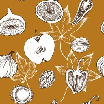Vector seamless pattern of apples, peppers, onions and walnuts. Hand drawn Stock Illustration