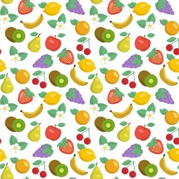 Vector seamless pattern with apples, strawberries, lemons, kiwi fruits, grape Illustrazione stock