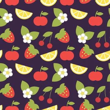 Vector seamless pattern with apples, strawberries and sliced lemons Stock Illustration