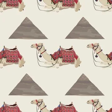 Vector seamless pattern with arabian one-humped camel and Egyptian pyramid Illustrazione stock