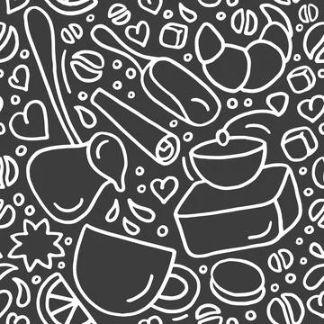 Vector seamless pattern. Aroma natural coffee, sweet dessert on black backgro Stock Illustration