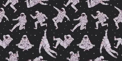 Vector seamless pattern with astronauts in flight, wearing a spacesuit on a Stock Illustration
