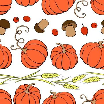 Vector seamless pattern of autumn harvest symbols: pumpkins, wheat ears, berr イラスト素材
