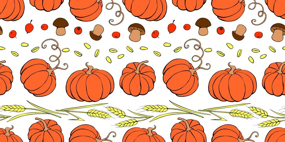 Vector seamless pattern of autumn harvest symbols: pumpkins, wheat ears, berr イラスト素材