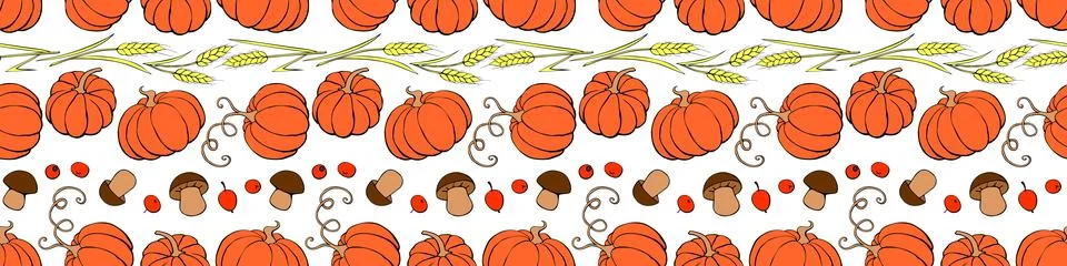 Vector seamless pattern of autumn harvest symbols: pumpkins, wheat ears, berr イラスト素材