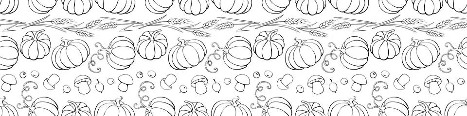 Vector seamless pattern of autumn harvest symbols: pumpkins, wheat ears, berr Stock Illustration