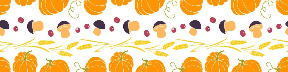 Vector seamless pattern of autumn harvest symbols: pumpkins, wheat ears, be.. Stock Illustration
