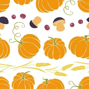 Vector seamless pattern of autumn harvest symbols: pumpkins, wheat ears, be.. Stock Illustration