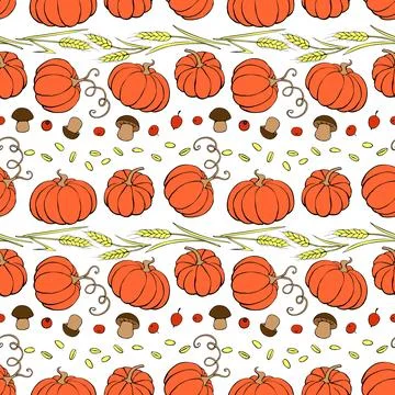 Vector seamless pattern of autumn harvest symbols: pumpkins, wheat ears, berr イラスト素材