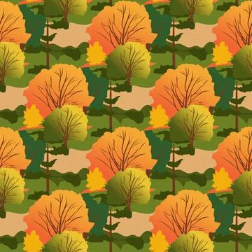 Vector seamless pattern with an autumn landscape Stock Illustration