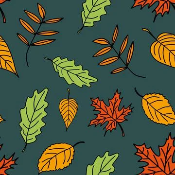 Vector seamless pattern of autumn leaves on dark green isolated background. Stock Illustration
