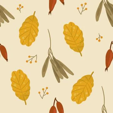 Vector seamless pattern with autumn leaves, maple branch, berry. Stock Illustration