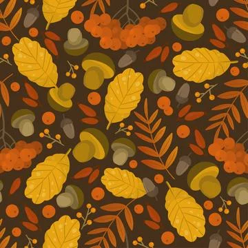 Vector seamless pattern with autumn leaves, rowan, acorn, berry Stock Illustration