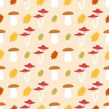 Vector seamless pattern. Autumn. Mushrooms with leaves. 스톡 일러스트
