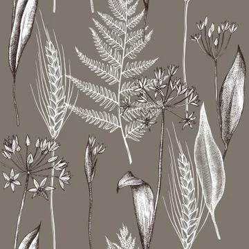Vector seamless pattern of autumn plants pattern. Hand drawn vector illustration 스톡 일러스트