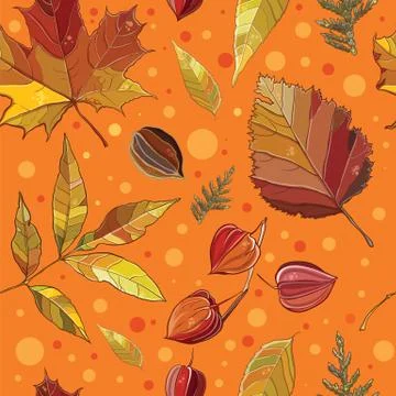Vector seamless pattern with autumn set leaves, nuts, tree. Stock Illustration