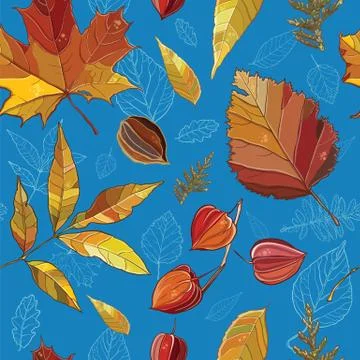 Vector seamless pattern with autumn set leaves, nuts, tree. Stock Illustration