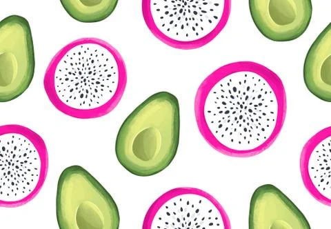 Vector seamless pattern with avocado and dragon fruit. Tropical background with Stock Illustration