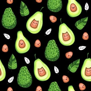Vector seamless pattern with avocado fruit on a black background, kawaii style Stock Illustration
