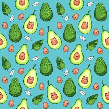 Vector seamless pattern with avocado fruit on a blue background, kawaii style Stock Illustration