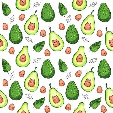 Vector seamless pattern with avocado fruit on a white background, kawaii style Stock Illustration