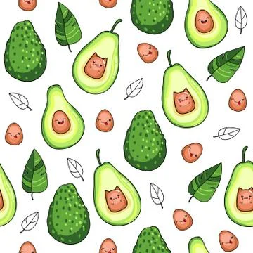 Vector seamless pattern with avocado fruit on a white background, kawaii style Illustrazione stock