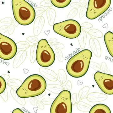 Vector seamless pattern with avocado fruit on a white background, with the wo Illustrazione stock