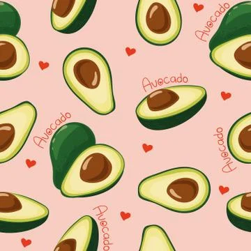 Vector seamless pattern with avocado fruit on a pink background, with the wor Stock Illustration