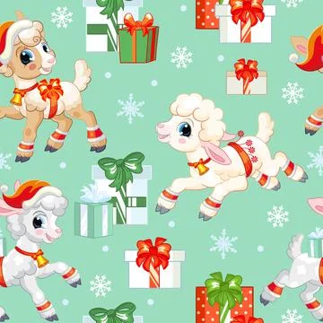 Vector seamless pattern with baby Christmas lamb Stock Illustration