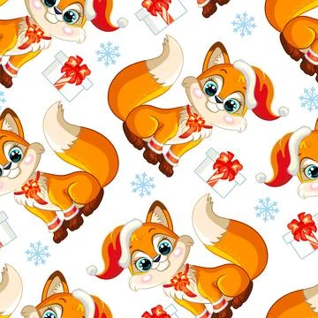 Vector seamless pattern with baby Christmas fox Stock Illustration