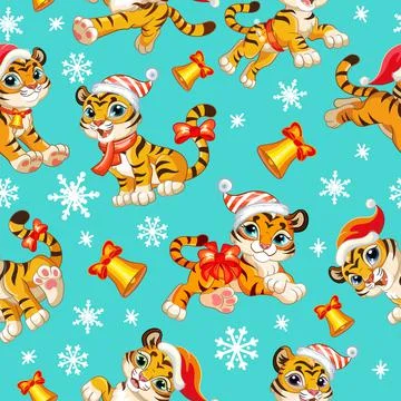 Vector seamless pattern with baby Christmas tigers Stock Illustration