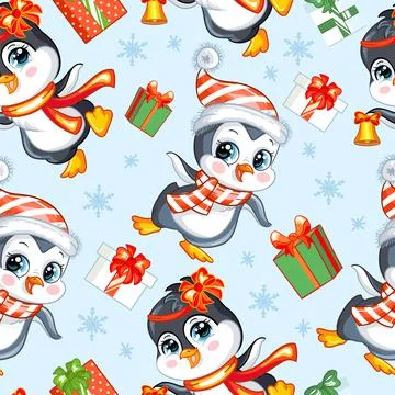 Vector seamless pattern with baby Christmas penguins Stock Illustration